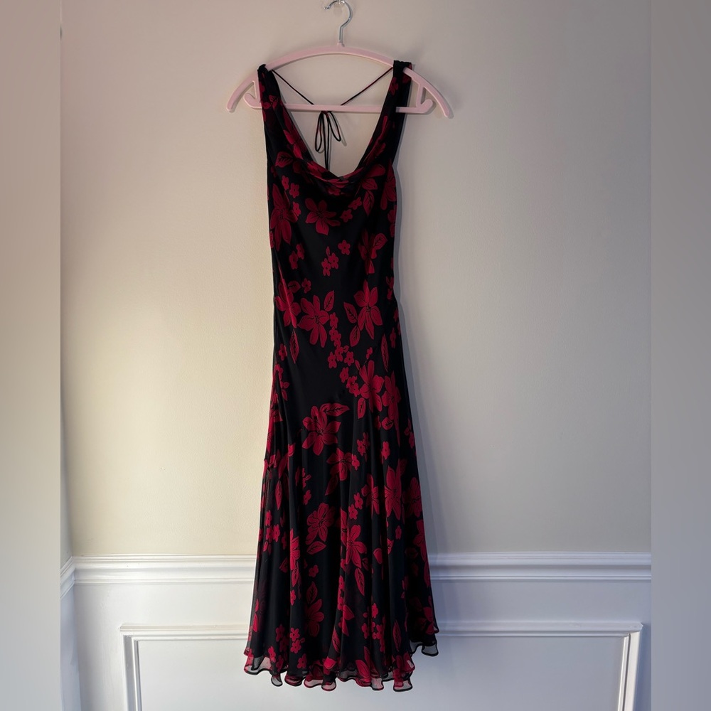 Vintage Fiori di Zucca Black and Red Floral 100% Silk Dress Size 10